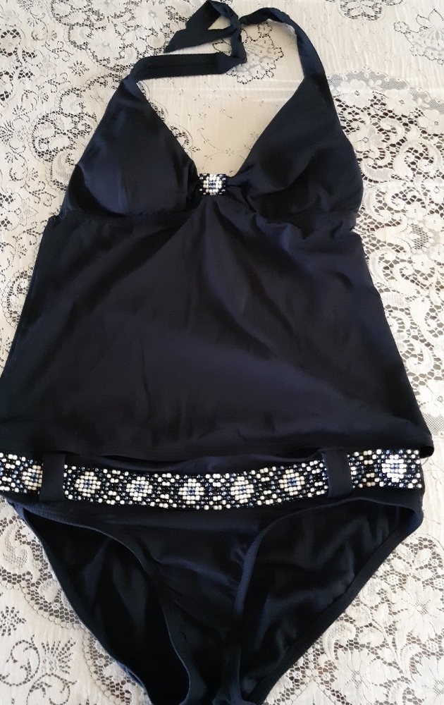 Perry Ellis Black Beaded 2pc Swimsuit Size Medium